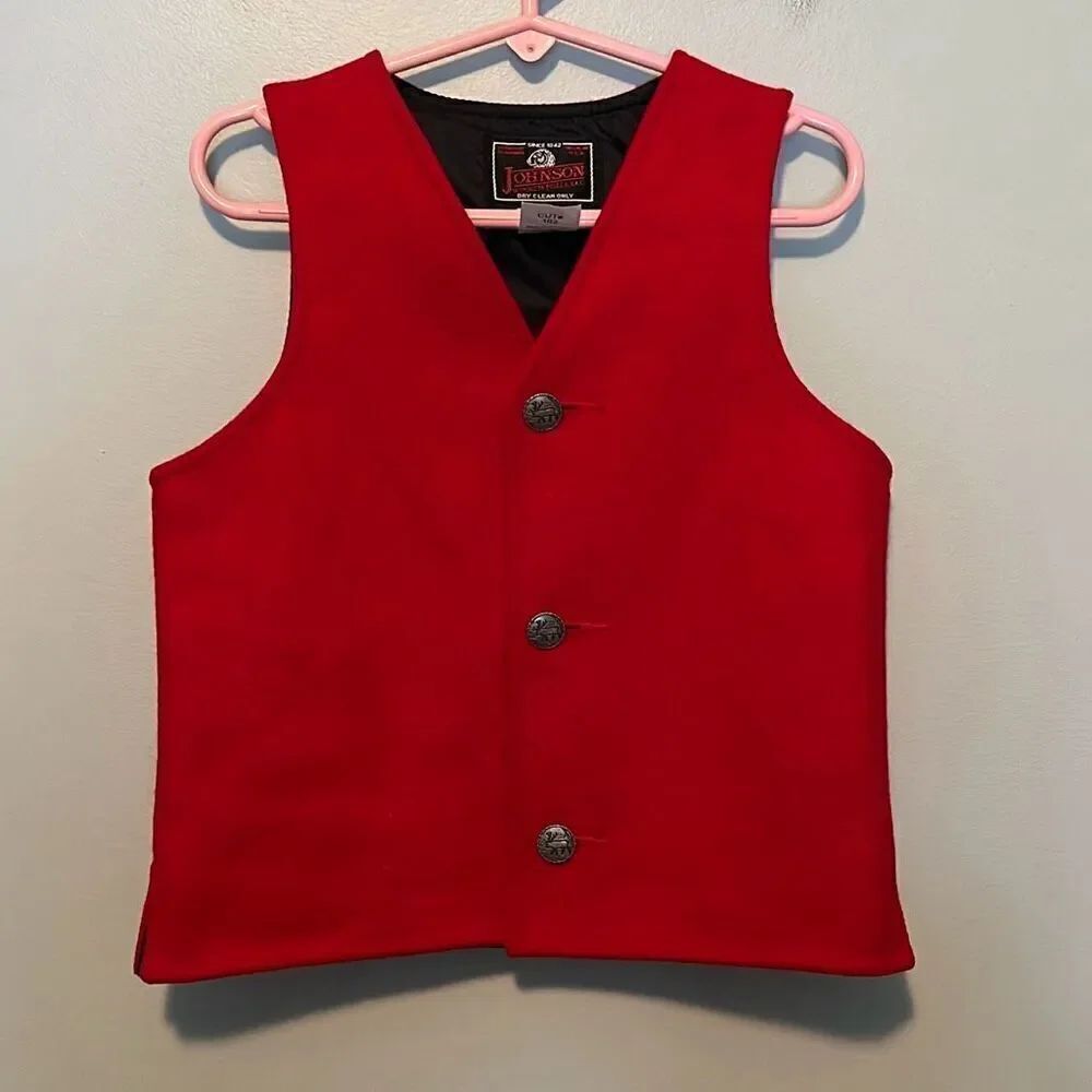 Johnson Woolen Mills Kid’s Red Wool V-Neck Three Button Sleeveless Vest